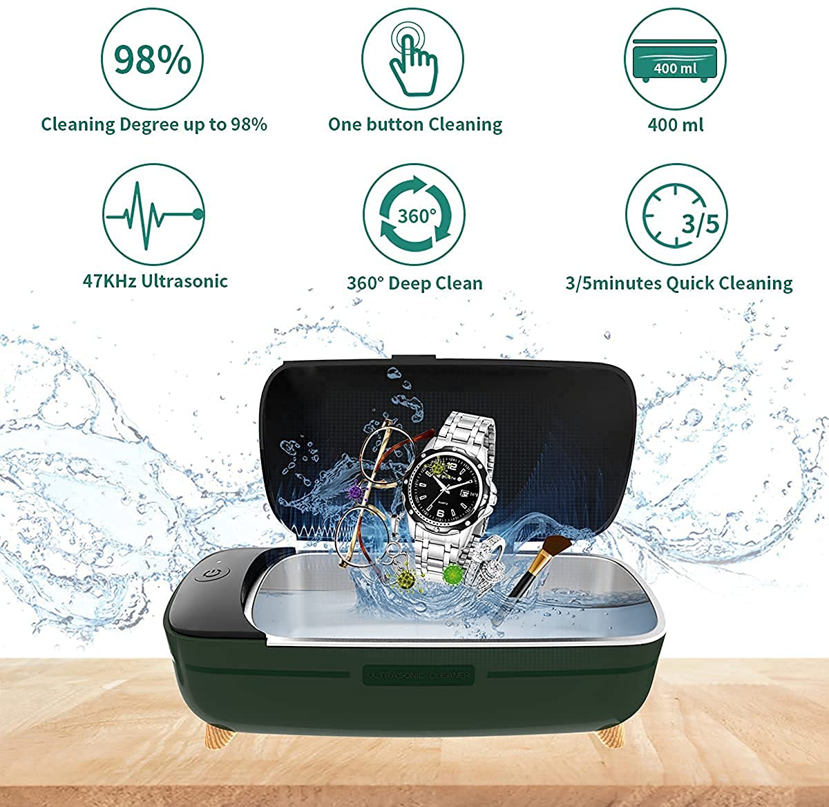 scosao Ultraschallreinigungsgerät 400ml, 47Khz Tragbarer Ultraschallreiniger Ultraschallgerät aus Edelstahl, Brillenreinigungsgerät Ultrasonic Cleaner für Haushalt Brillen Schmuck Uhren Zahnprothese