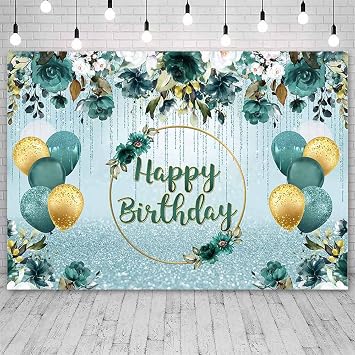 SENDY 7x5ft Dark Green Birthday Backdrop for Women White Green Floral Birthday Party Decorations Dripping Glitter Birthday Party Banner Photo Studio Props