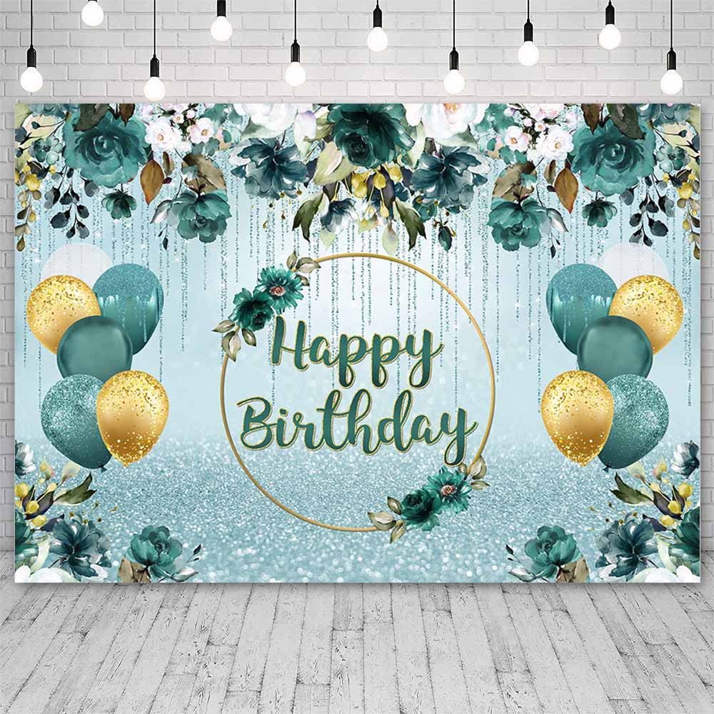 SENDY 7x5ft Dark Green Birthday Backdrop for Women White Green Floral Birthday Party Decorations Dripping Glitter Birthday Party Banner Photo Studio Props