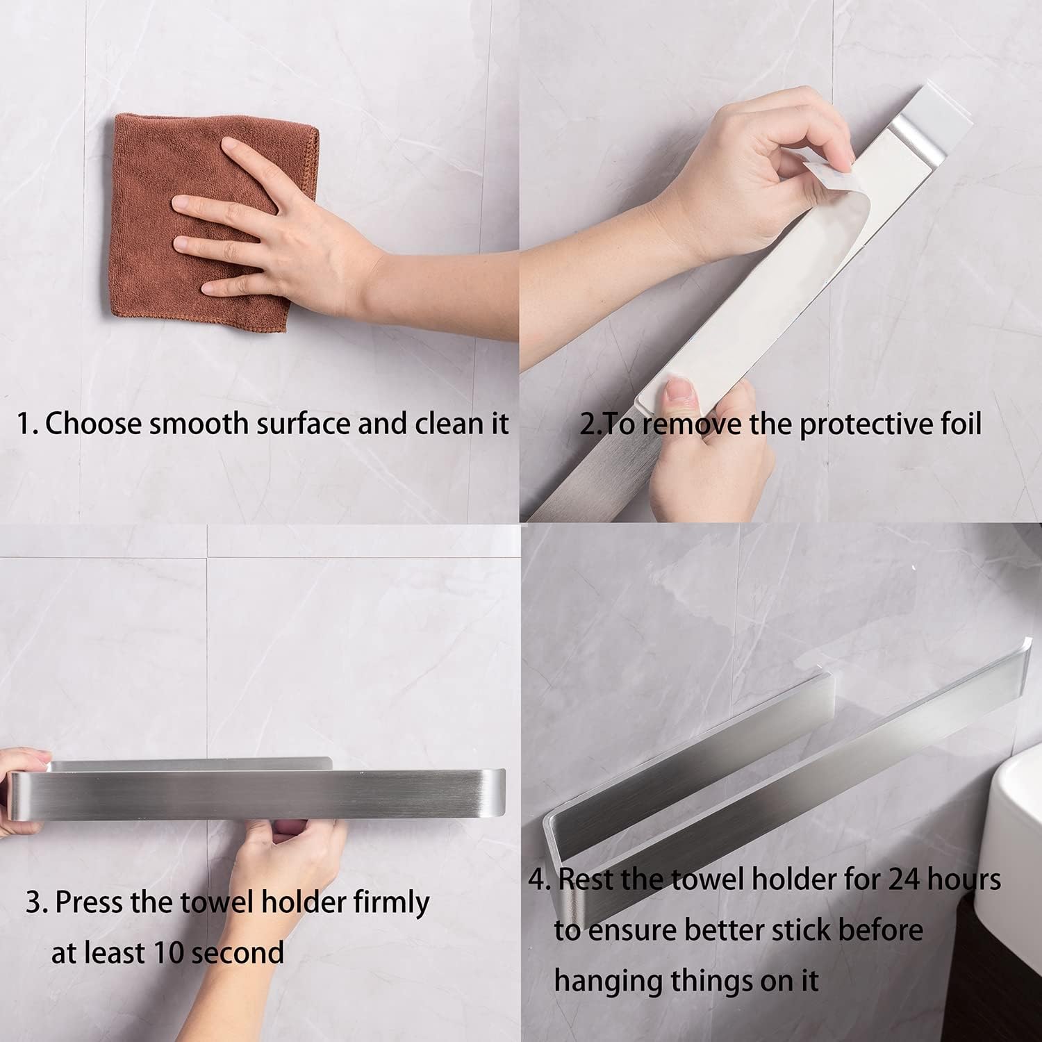 JS Self-Adhesive Towel Holder – SUS304 Stainless Steel, 16.33 Inch, Rustproof & Waterproof For Bathroom Or Kitchen (No-Drill Installation)