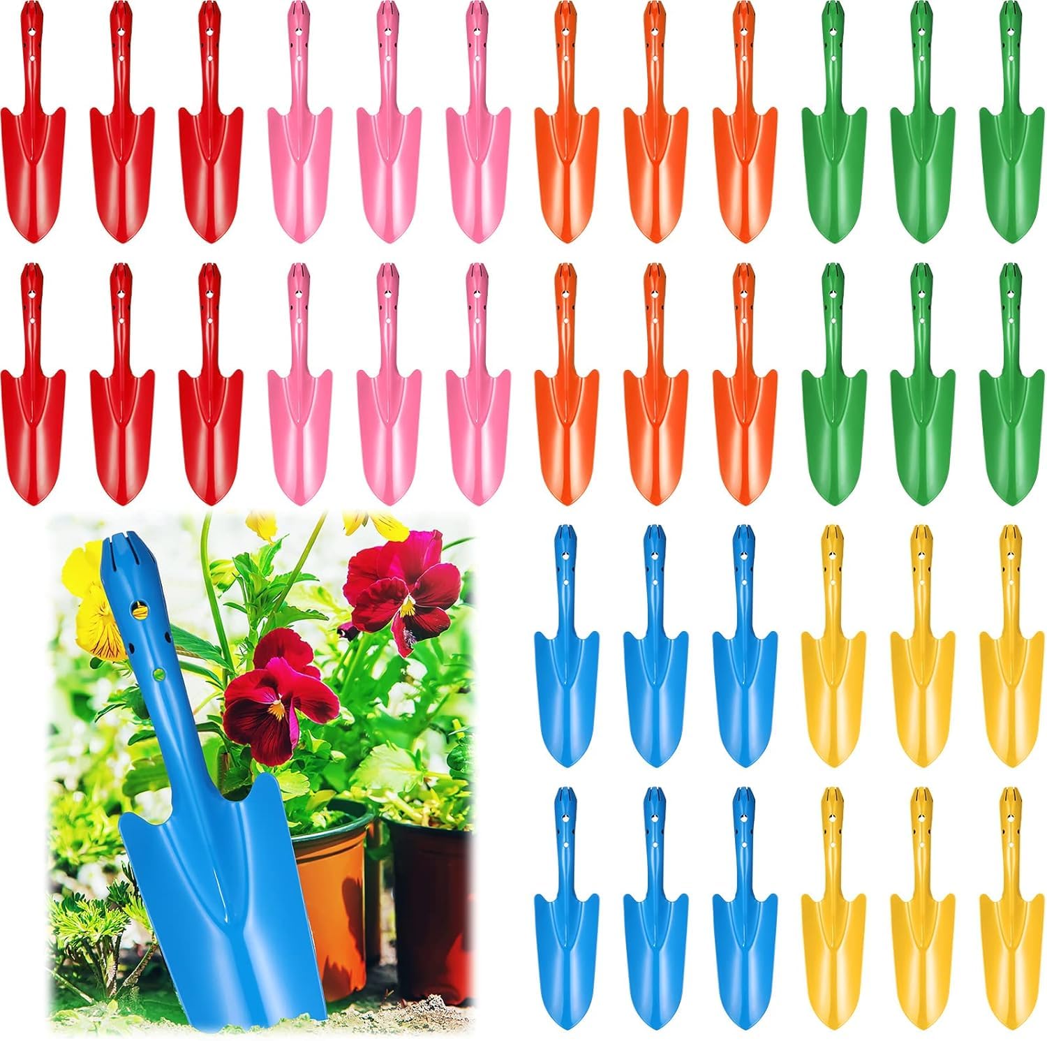 Bunte Mini-Handschaufel aus Metall, zum Umpflanzen von Gartenschaufeln für Blumenerde, Sukkulenten, Kinder, Teenager, Damen, Herren, Geschenk, drinnen und draußen, 6 Farben (36 Stück)