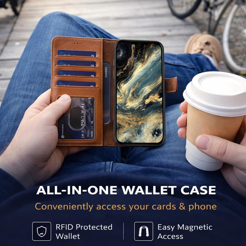 Vegas Wallet Phone Case Compatible with iPhone 15 Pro Max 6.7in – Elegant Full-Grain Leather Phone Case Wallet – Card Holder Wallet RFID Blocking with Kickstand, Card Slots (Tan)