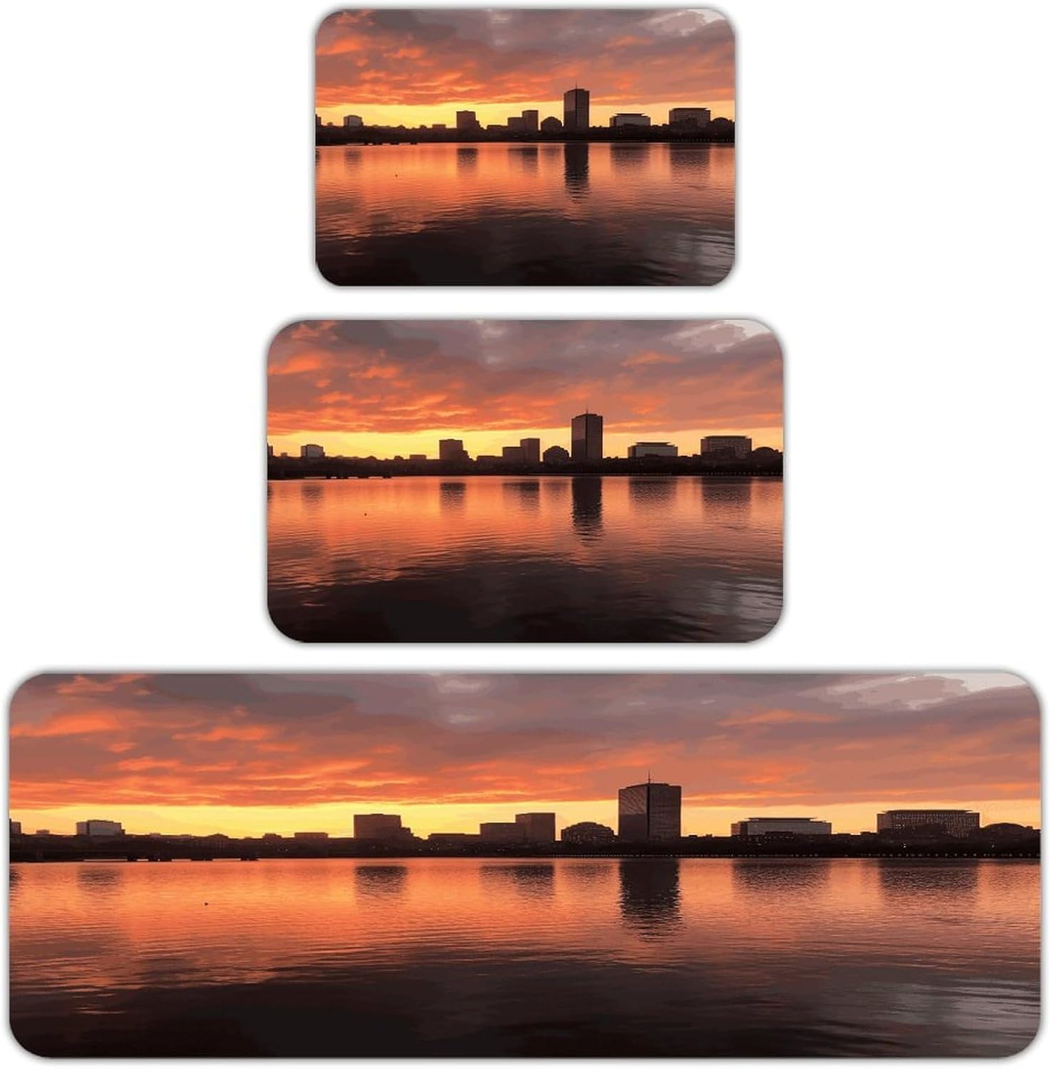 Boston Charles River City Skyline Sunset Kitchen Rugs Set of 3 Non Slip Washable Kitchen Mats for Floor Soft Area Rug Kitchen Floor Mat Cushioned Anti Fatigue Mats Standing Sink Mat Decor Runner Rugs