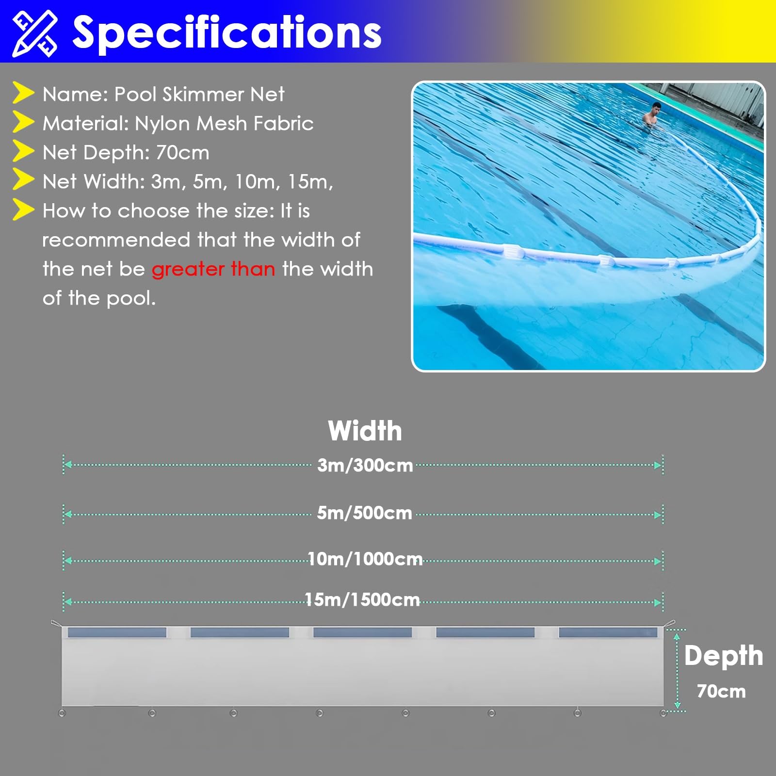 Questo retino per Skimmer a Maglia fine, Completo di galleggianti e Pesi in Piombo, Consente Una rimozione efficiente di Capelli e detriti in Piscine e parchi Acquatici.