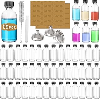 80 Pack, 2 oz Small Glass Bottles with Airtight Lids, 60 ml Empty Clear Sample Boston Bottle/Vials/Containers for Juice, Ginger Shots, Potion, Oils, Liquids - Bonus 180 Sticky Labels, Brush, 3Funnels