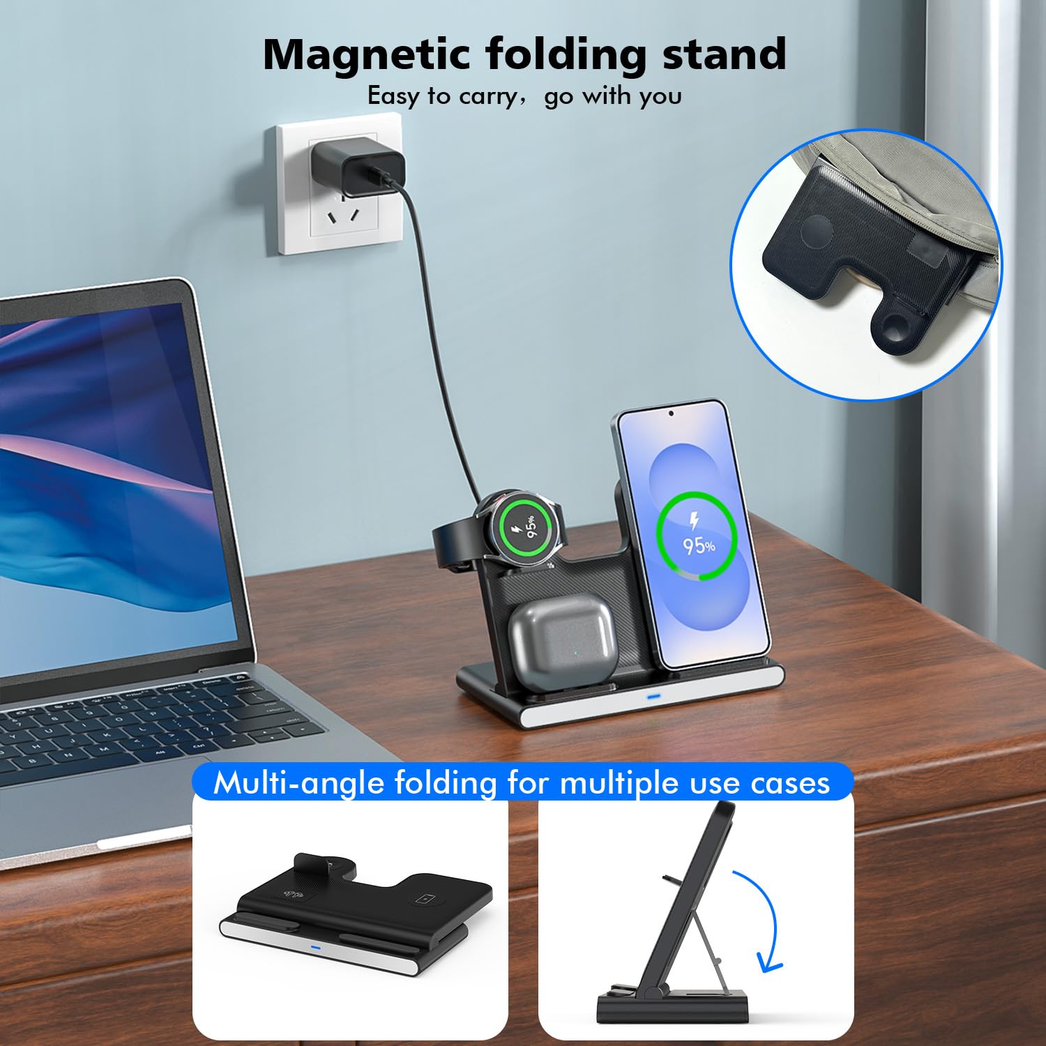 Kabelloses Ladegerät für Samsung, 3-in-1 kabellose Ladestation, faltbarer Schnellladeständer, Handy- und Uhren-Ladegerät für Galaxy S25 Ultra/S24/S23/Z Fold/Flip 7/6/5, für Galaxy Watch 8/7/6/5/Pro