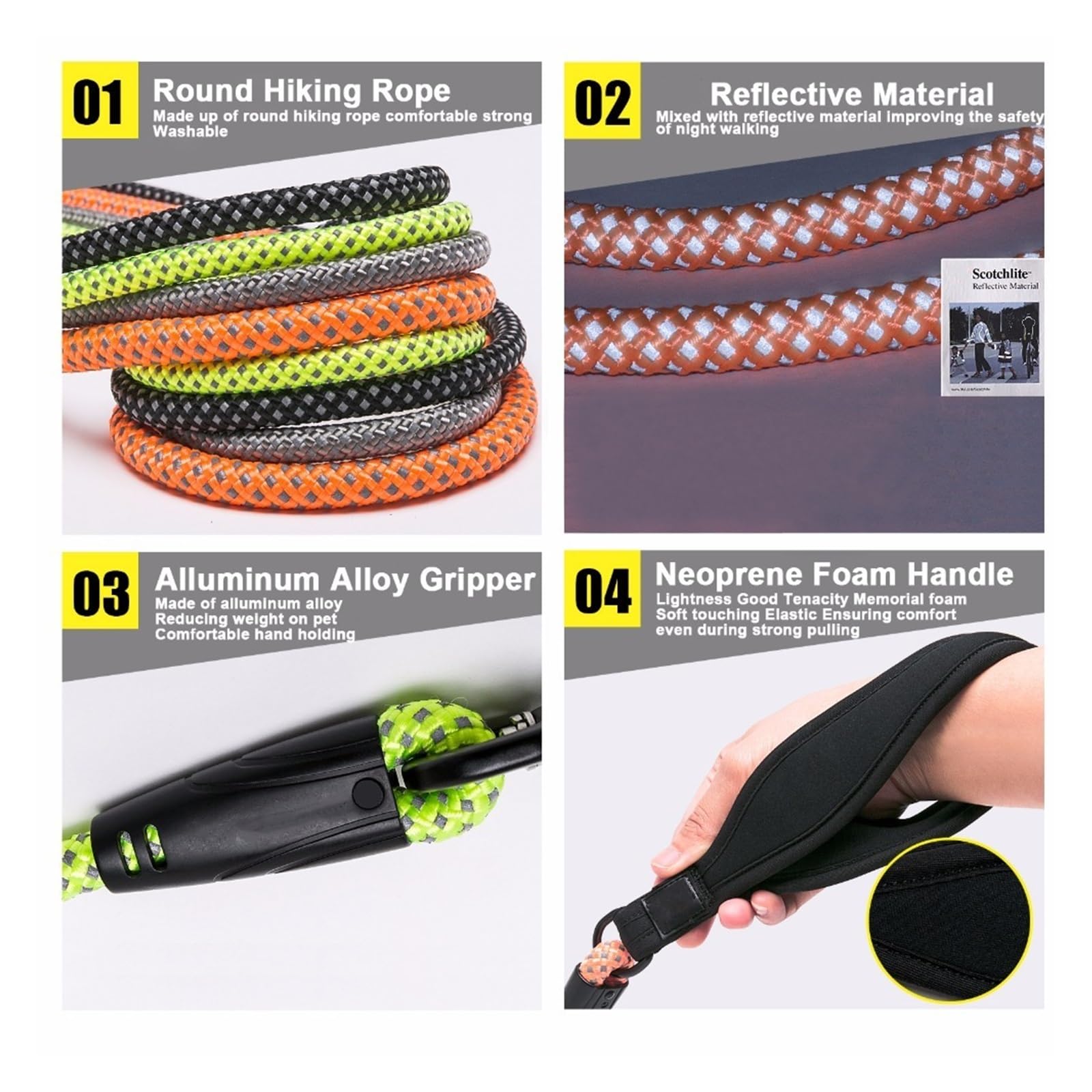 Guinzaglio per cani in nylon resistente con gancio riflettente in lega di alluminio e manico in neoprene per passeggiate ed escursioni (grigio, moschettone a L)