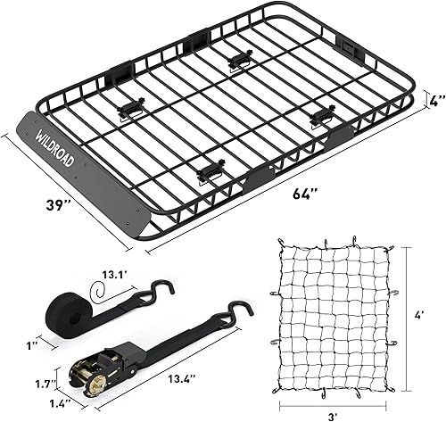Miniatura 6 de WILDROAD Combo de portaequipajes para techo de automóvil de 64 x 39 x 4 pulgadas, cesta de carga para portaequipajes de techo mejorada, red de carga