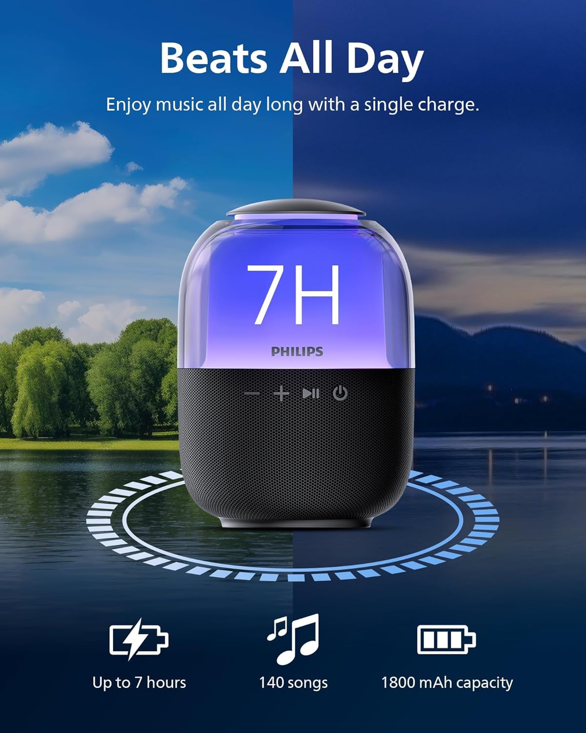 Philips S2108 Portable Bluetooth Speaker,Wireless Speakers with Punchy Bass,7 H Battery,TWS Pairing,Support Stereo Sound,Bluetooth 5.3 or TF Card,10W Output Power,Lighting Modes,Compact,Black