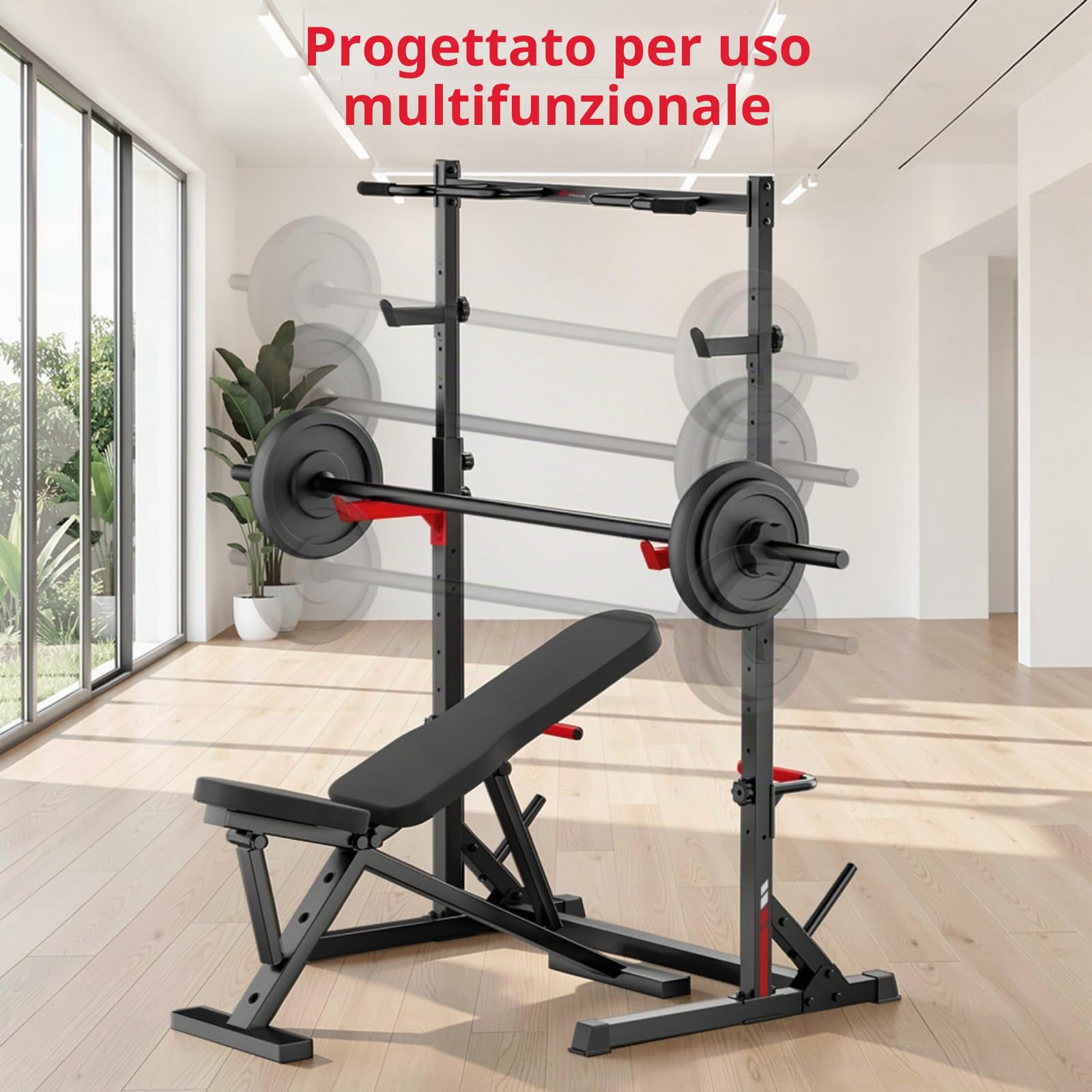 Rack da Squat Multifunzione con Barra per Trazioni, Supporto Regolabile Completo, Portata 300 KG, Gabbia in Acciaio Resistente per Allenamento di Forza a Casa