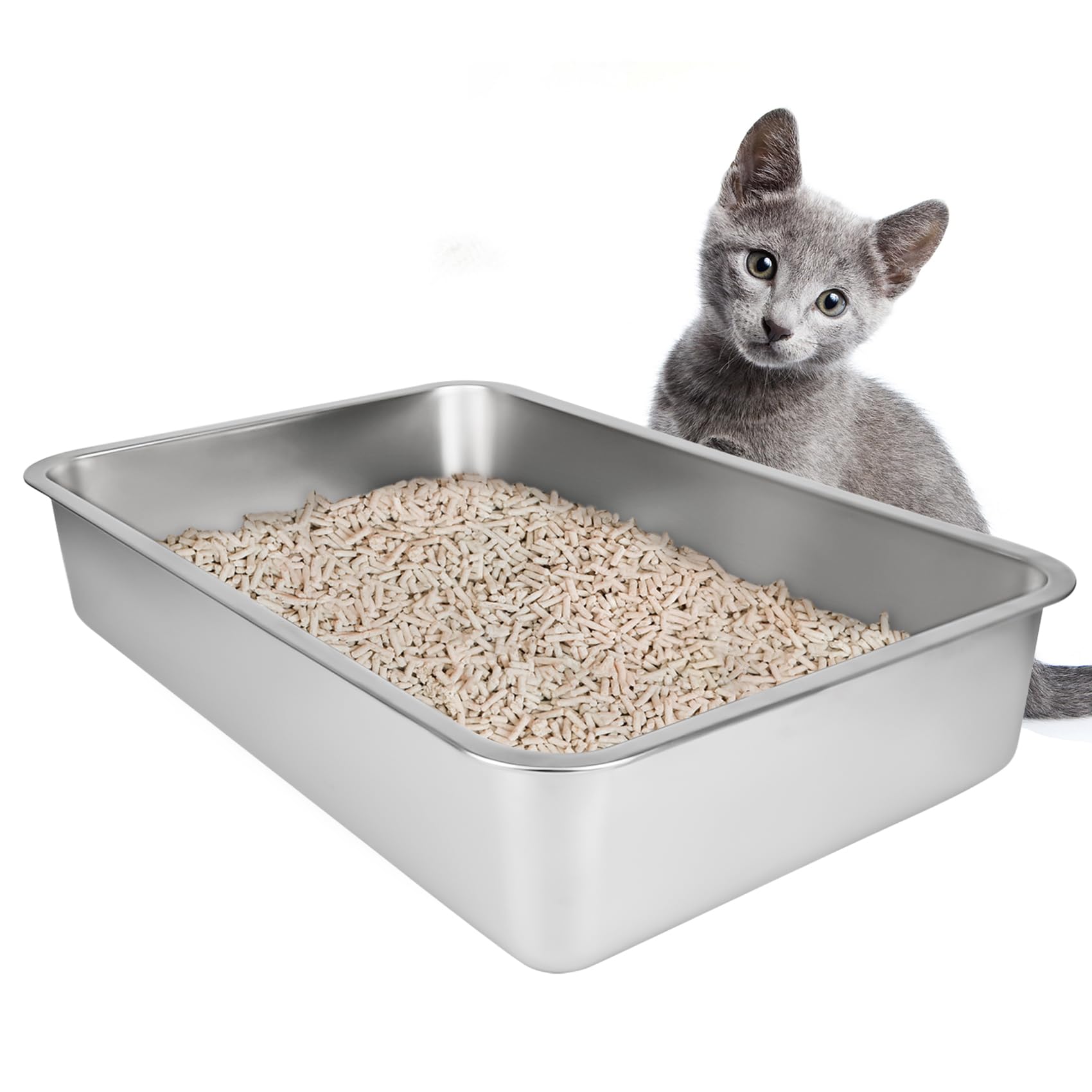 Stainless Steel Cat Litter Box, Large Metal Litter Box for Cats, Never Absorbs Odors,Stain Free, Rustproof, Non Stick Smooth Surface, Anti-Slip Rubber Bottom, 19.5" L x 13.5" W x 4" H