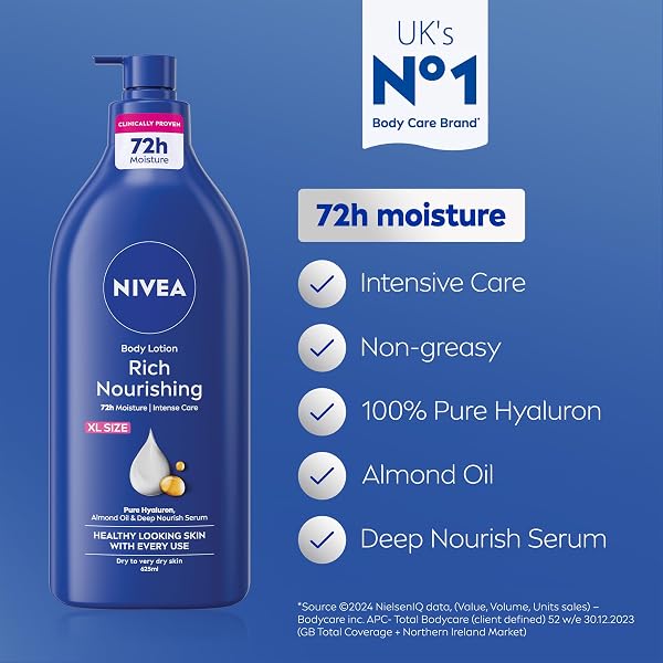 NIVEA Rich Nourishing Body Lotion (625ml), Rich 72H Hydration Moisturiser for Dry Skin Made with Deep Moisture Serum and Almond Oil, Extra Large NIVEA Body Lotion - 2