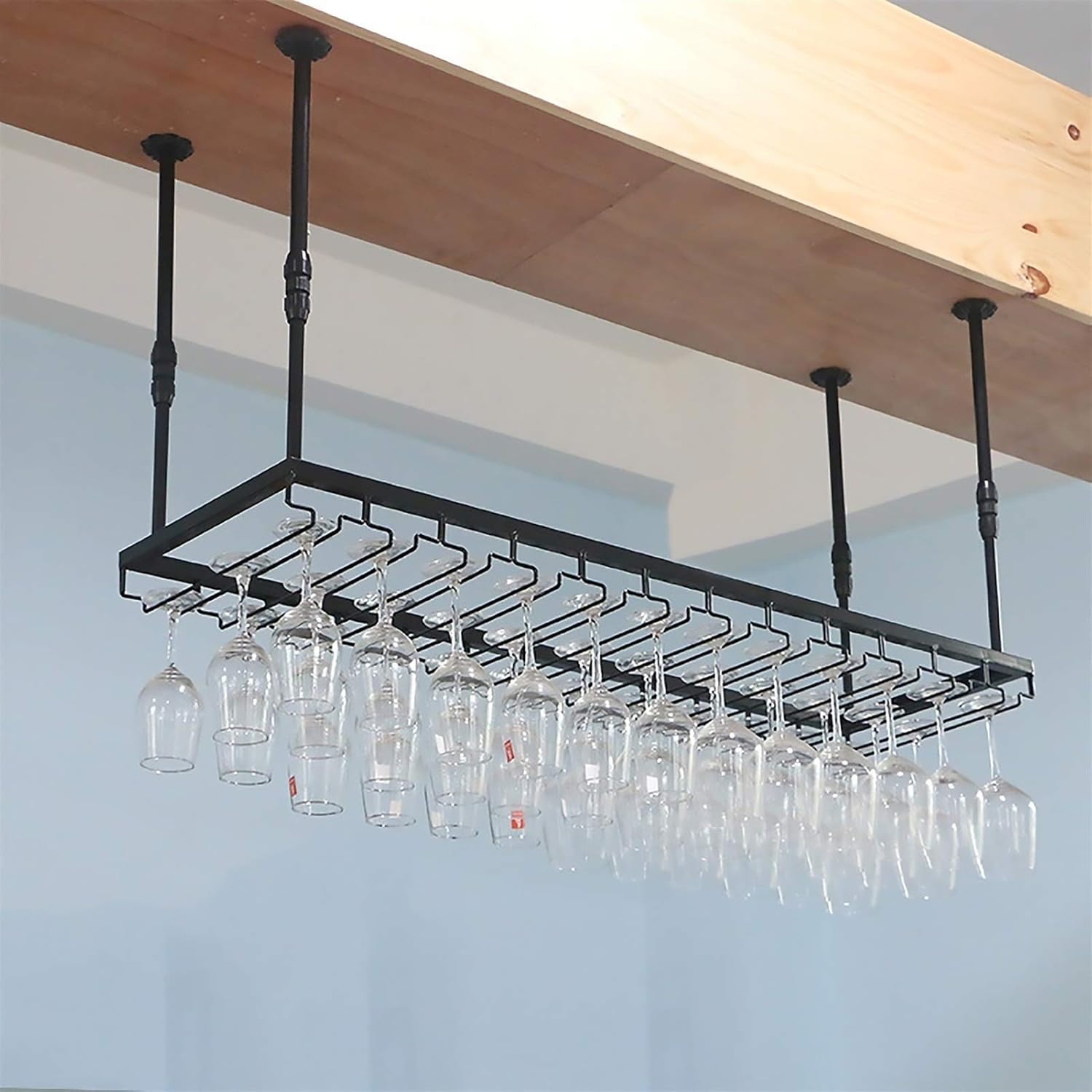 Wine Rack Retro Wine Glass Rack - Suspension Goblet Cup Holder Wrought Iron Hanging Display Stand Ceiling Decoration Shelf for Home/Bar/Restaurant,Black-90x35cm