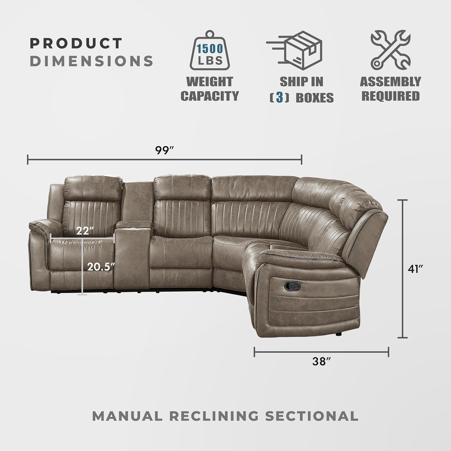 Lexicon Reclining Sectional Couches for Living Room, Modern Sofa, L Shape Sectional Couch with Drop-Down Cup Holders and Storage Arms, Manual Recliner Sectional Sofa, Sandy Brown