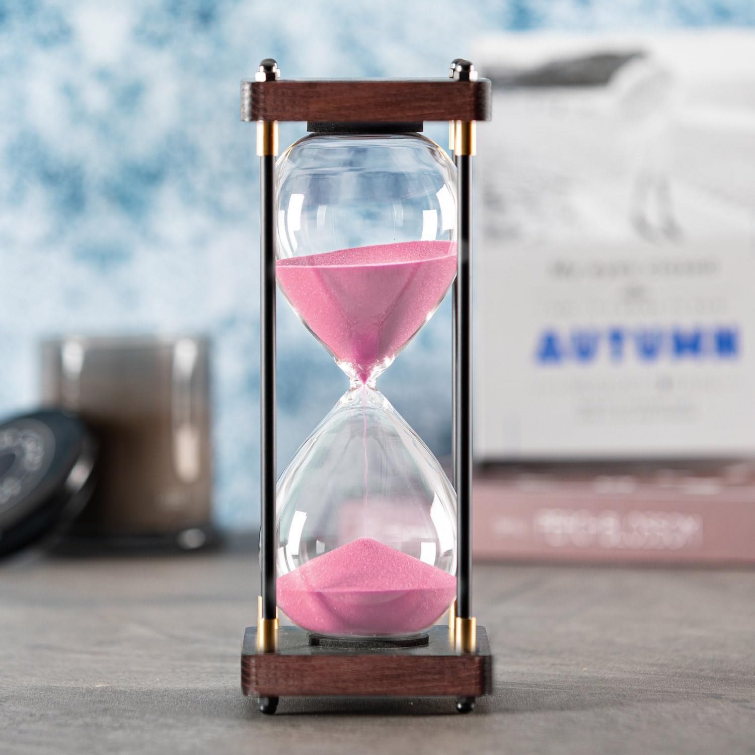 大きな砂時計タイマー 60分 装飾木製砂タイマー ピンクの砂 1時間砂時計