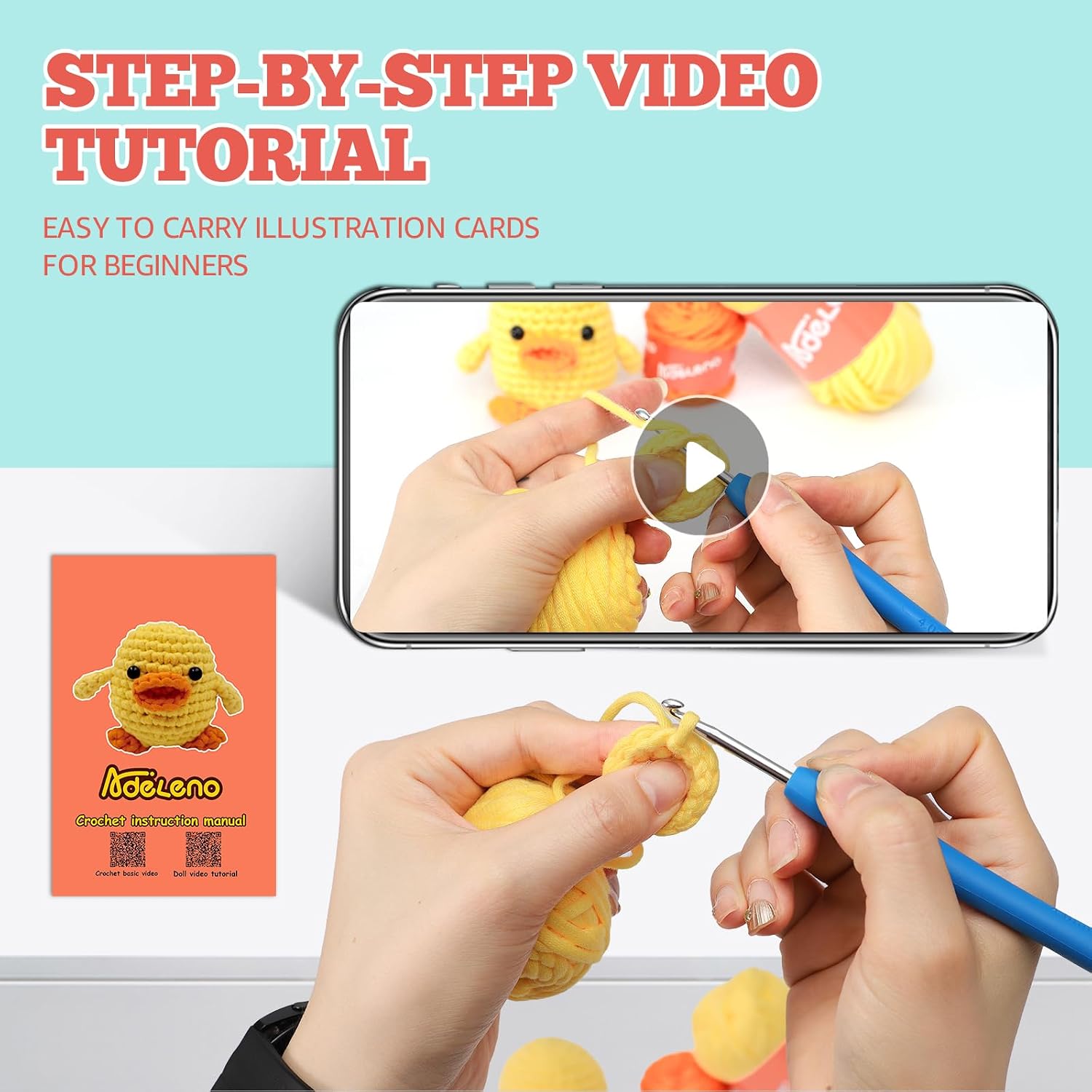 Adeleno Crochet Kit for Beginner, Beginner Crochet Kit with Step-by-Step Video Tutorial, More Convenient Illustrated Cards, Suitable for Adults, Children, Crochet Kit for Beginners, Duck 1-Pack.