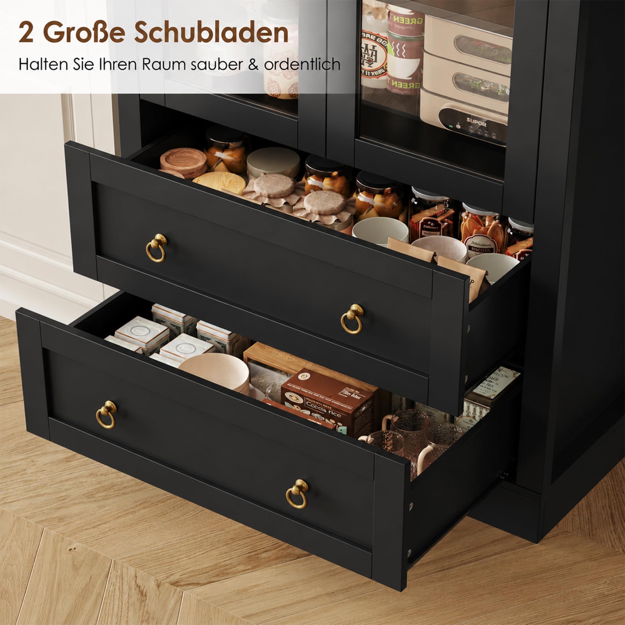 Merax Hochschrank Küchenbuffet, Buffetschrank mit Verstellbaren Ablagen, Hoher Bogen-Aufbewahrungsschrank, mit Schubladen und Glasschranktüren, für Küche und Wohnzimmer, Schwarz, 80x36x170 cm