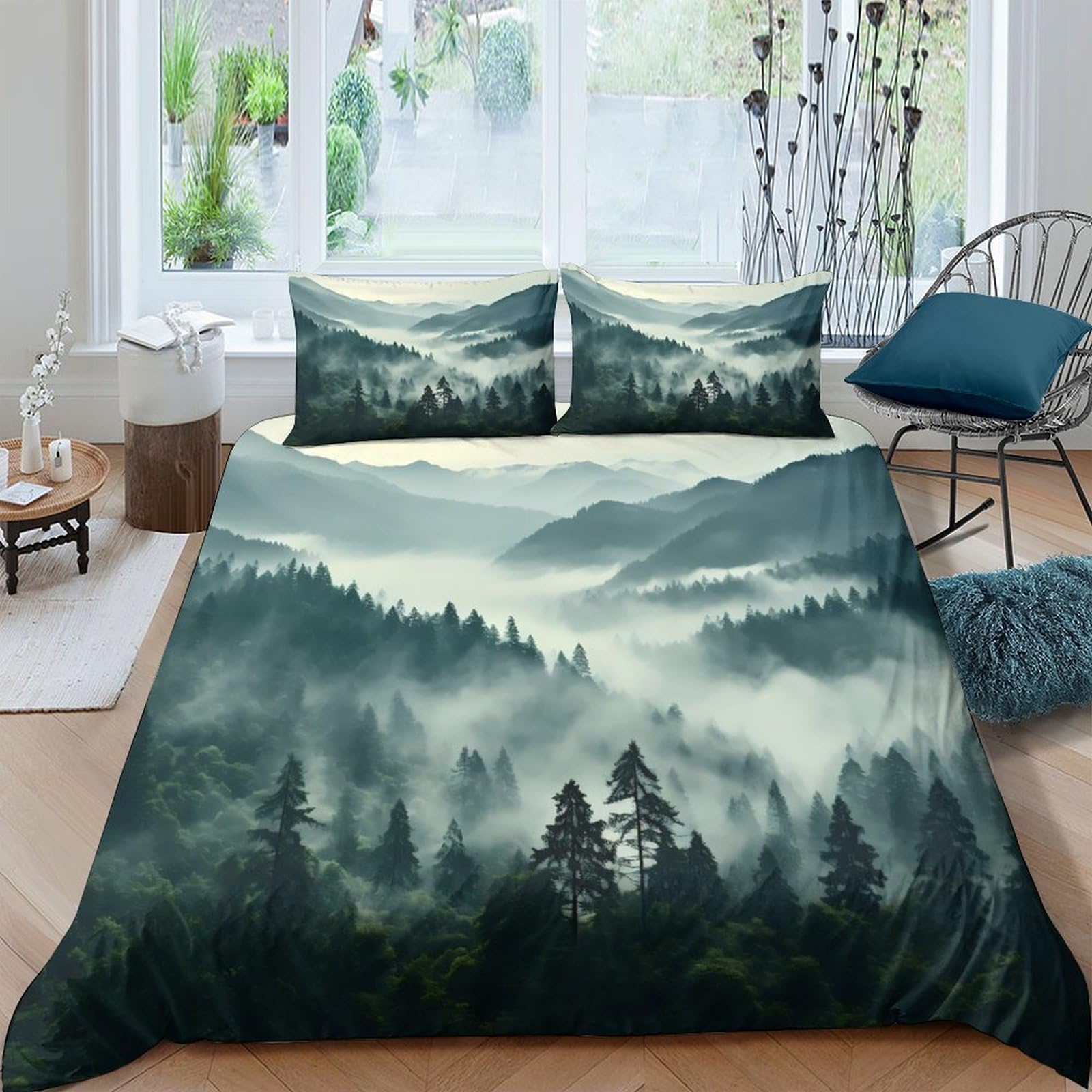 Ctjqhvkz Style-3 3D Printed Misty Forest Fitted Sheet Microfiber Soft Green Mountain Mattress Cover For Bedroom Guest Room Decor Protection Single（135X200cm）