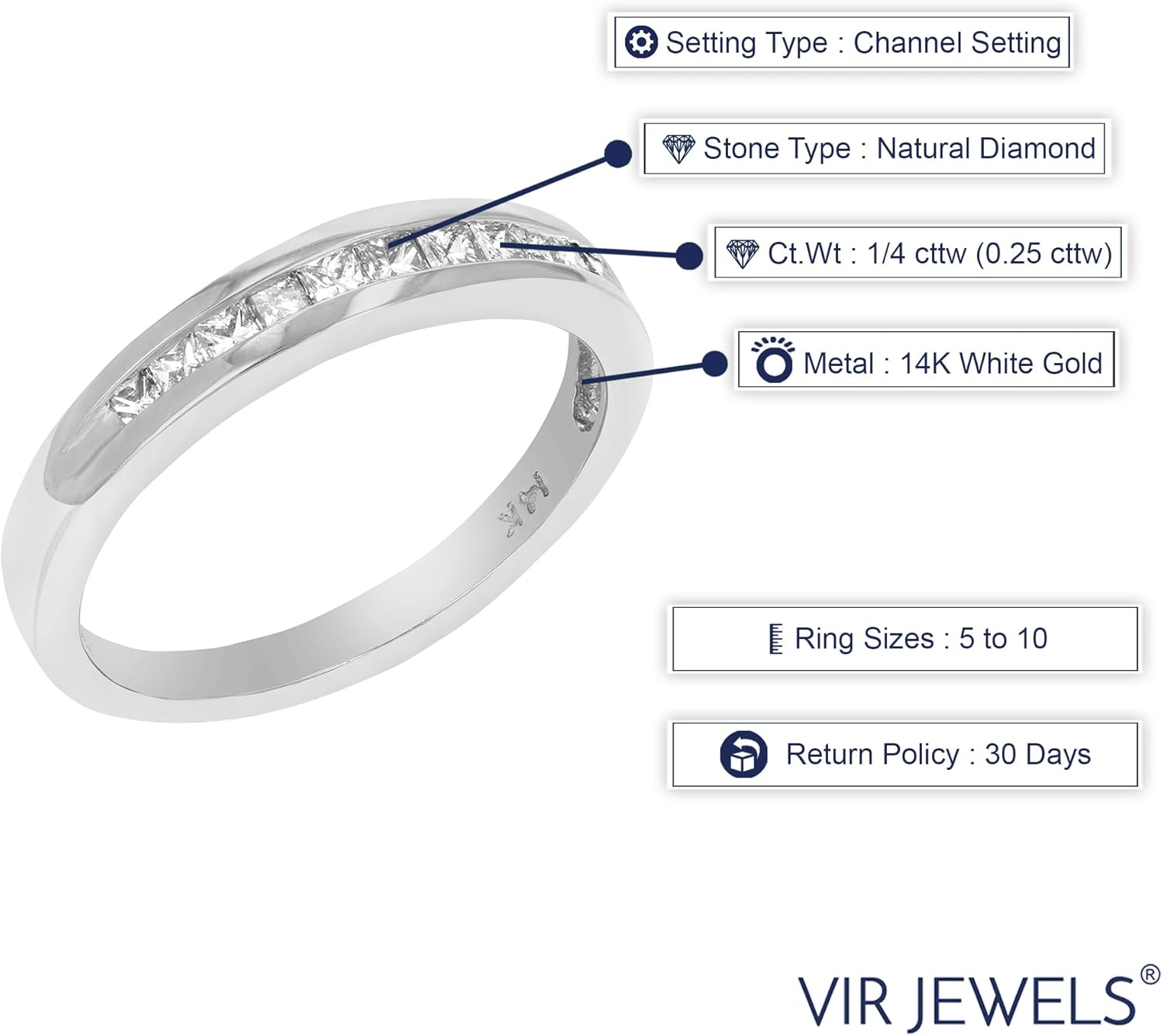 VIR JEWELS 1/4 cttw Diamond Wedding Band for Women, Princess Cut Diamond Wedding Band in 14K White Gold Channel Set, Size 5-7