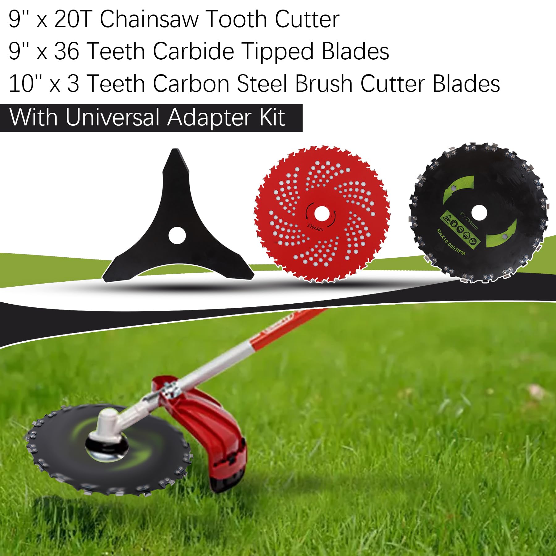 Cortador de dientes de motosierra de 9 pulgadas x 20T, cuchillas con punta de carburo de 9 x 36 dientes, cuchillas de corte de cepillo de acero al carbono de 10 x 3 dientes con kit adaptador universal