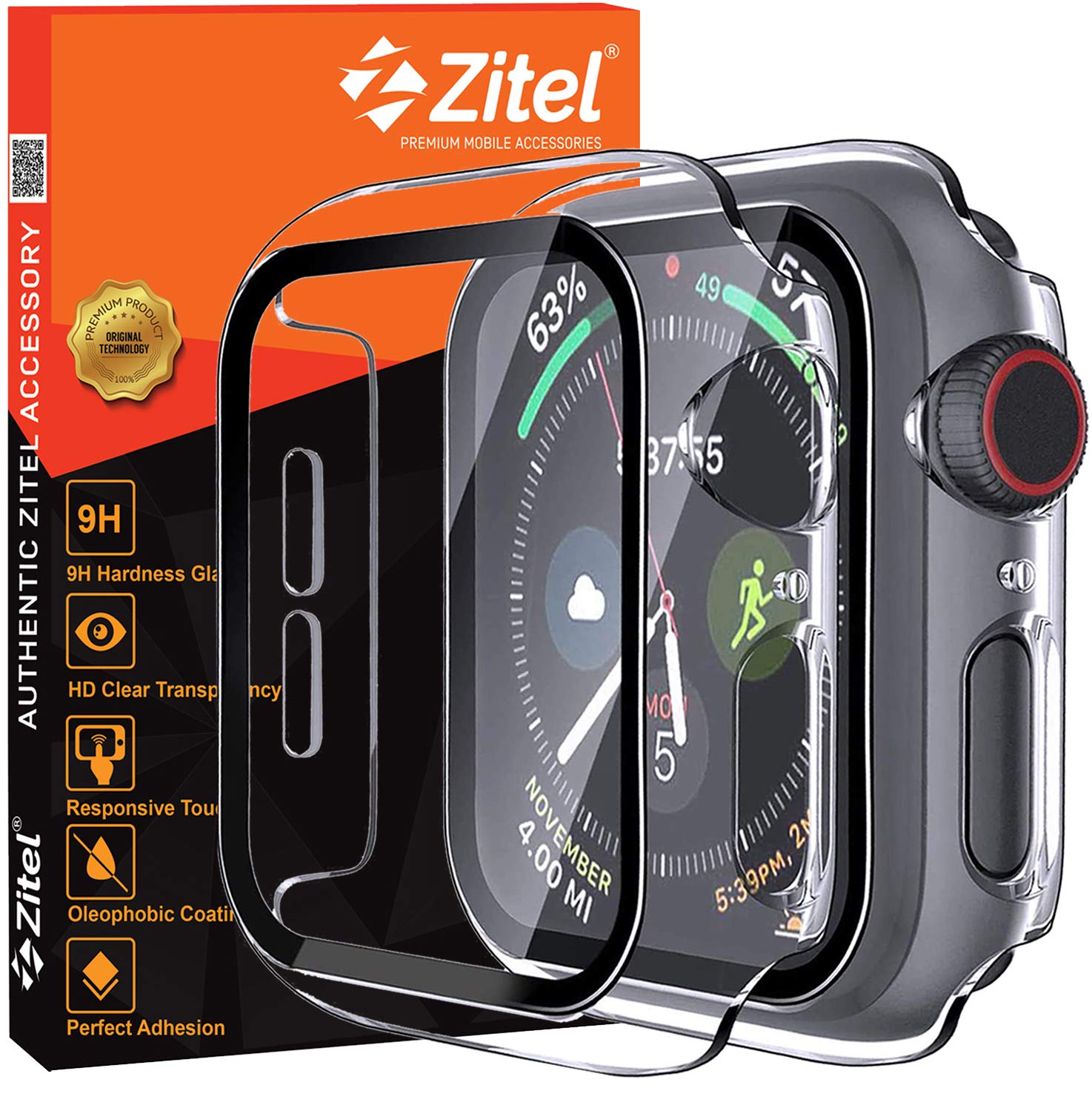 Zitel Case with Screen Protector Compatible with Apple Watch 44mm SE3/SE2/SE, Series 6/5/4, Hard PC Cover with Built-in 9H Tempered Glass (44mm, Clear)