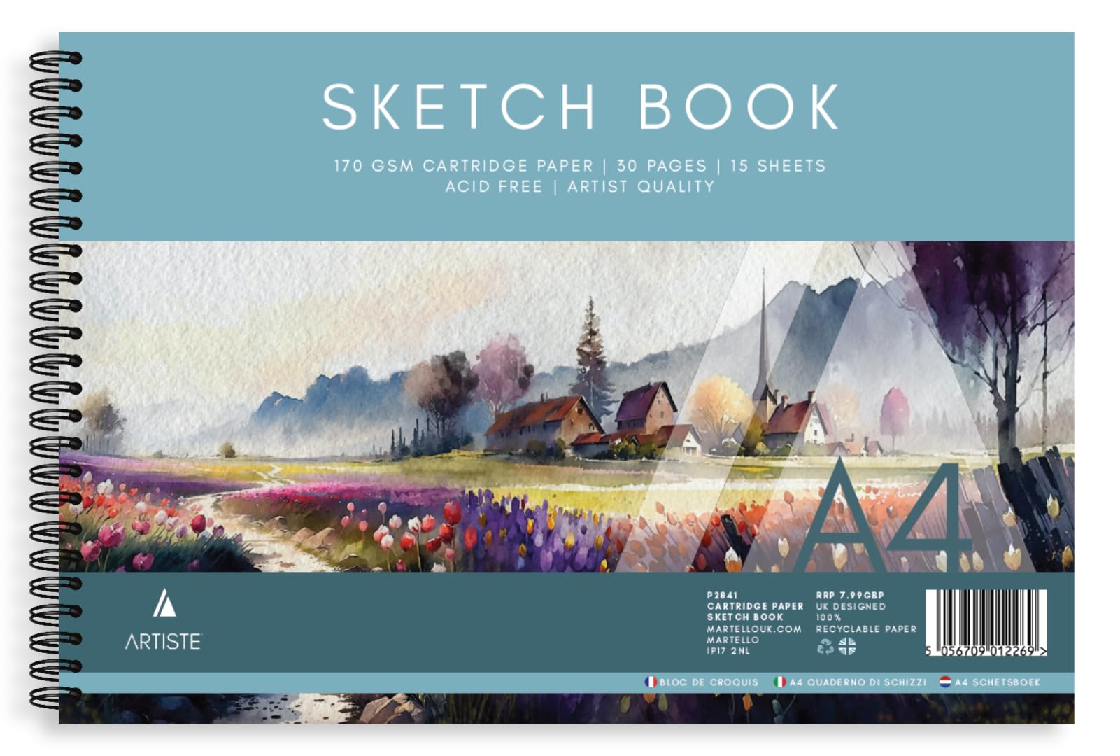 Landscape A4 Sketch Pad 170gsm White Cartridge Paper 30 Pages (15 Sheets) - Wiro Bound Acid-Free Artist Quality - Ideal for Sketching Drawing and Painting