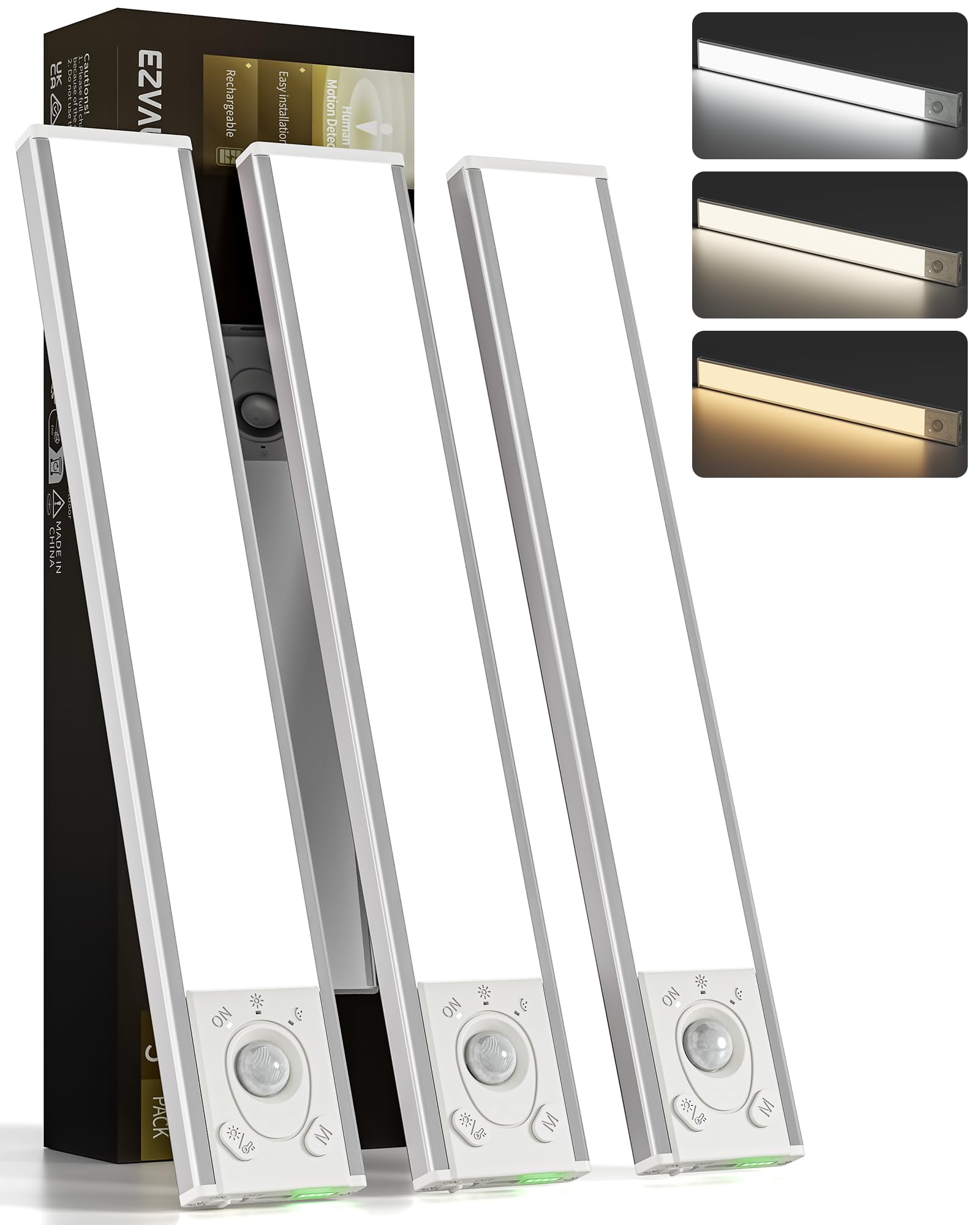 EZVALO 3 Pack 16.5" Under Cabinet Lights, Rechargeable Motion Sensor LED Lights, 3 Colour Dimmable, Power Indicator, Magnetic Wireless Closet Lights for Kitchen Stairs (3, White, 16.5inch)