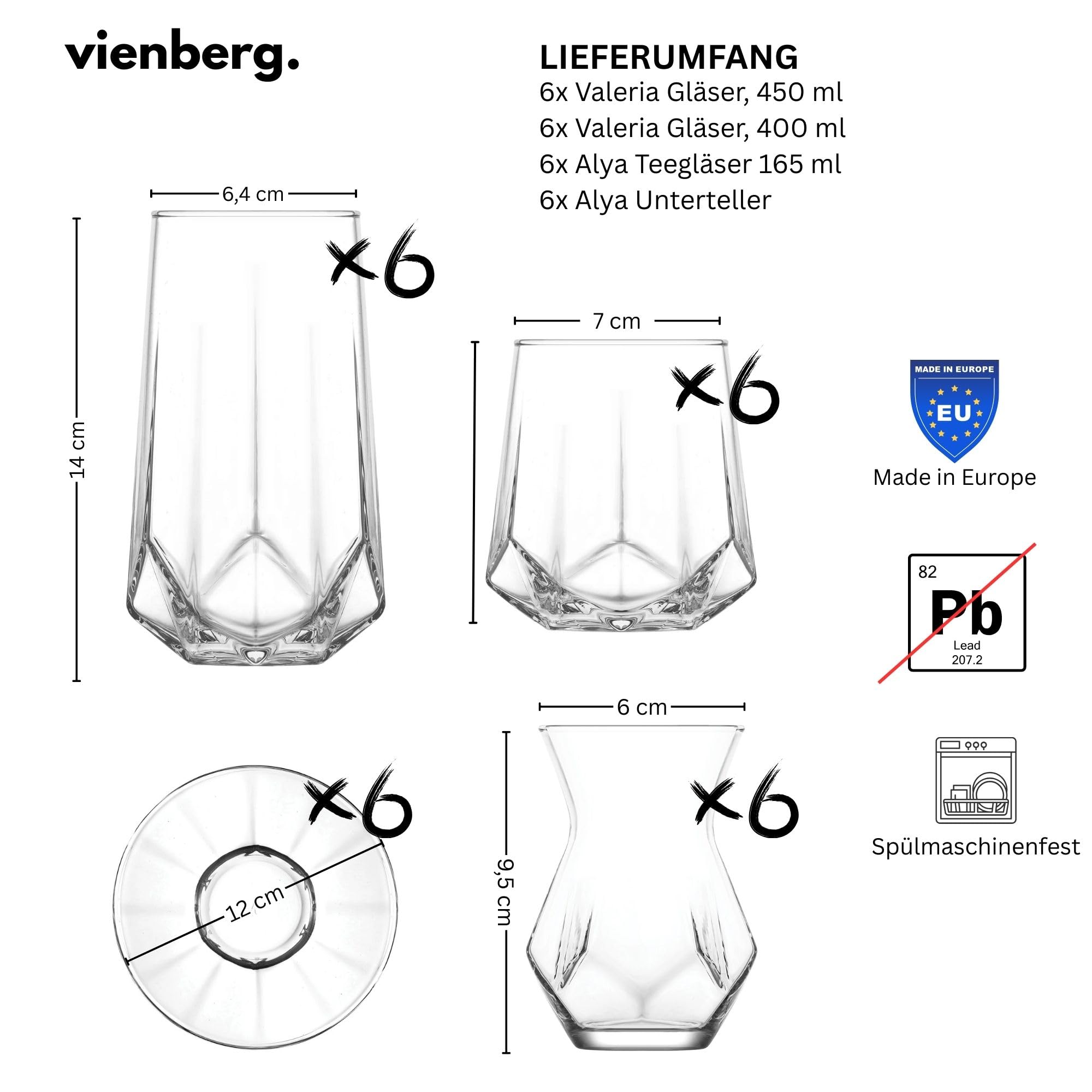 Juego de 24 vasos de alta calidad para 6 personas, moderno juego completo con 12 vasos (bebida larga y vasos) + 6 vasos de té turco y platillos – diseño geométrico noble – regalo perfecto
