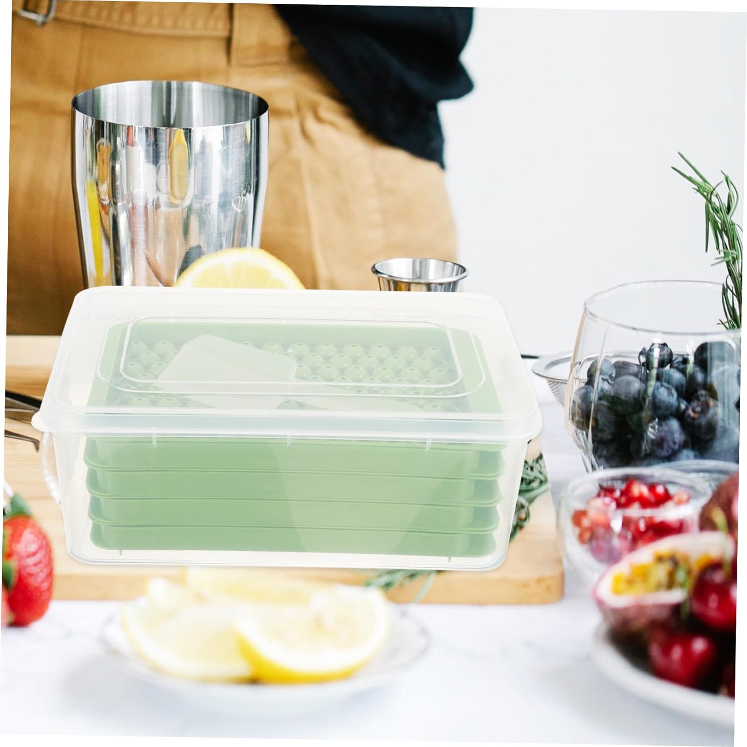 Uonlytech Compartment Round Ice Cube Mold with Lid and Scoop Plastic Ice Tray Container for Freezer for Cocktails and Beverages Portable and Reusable