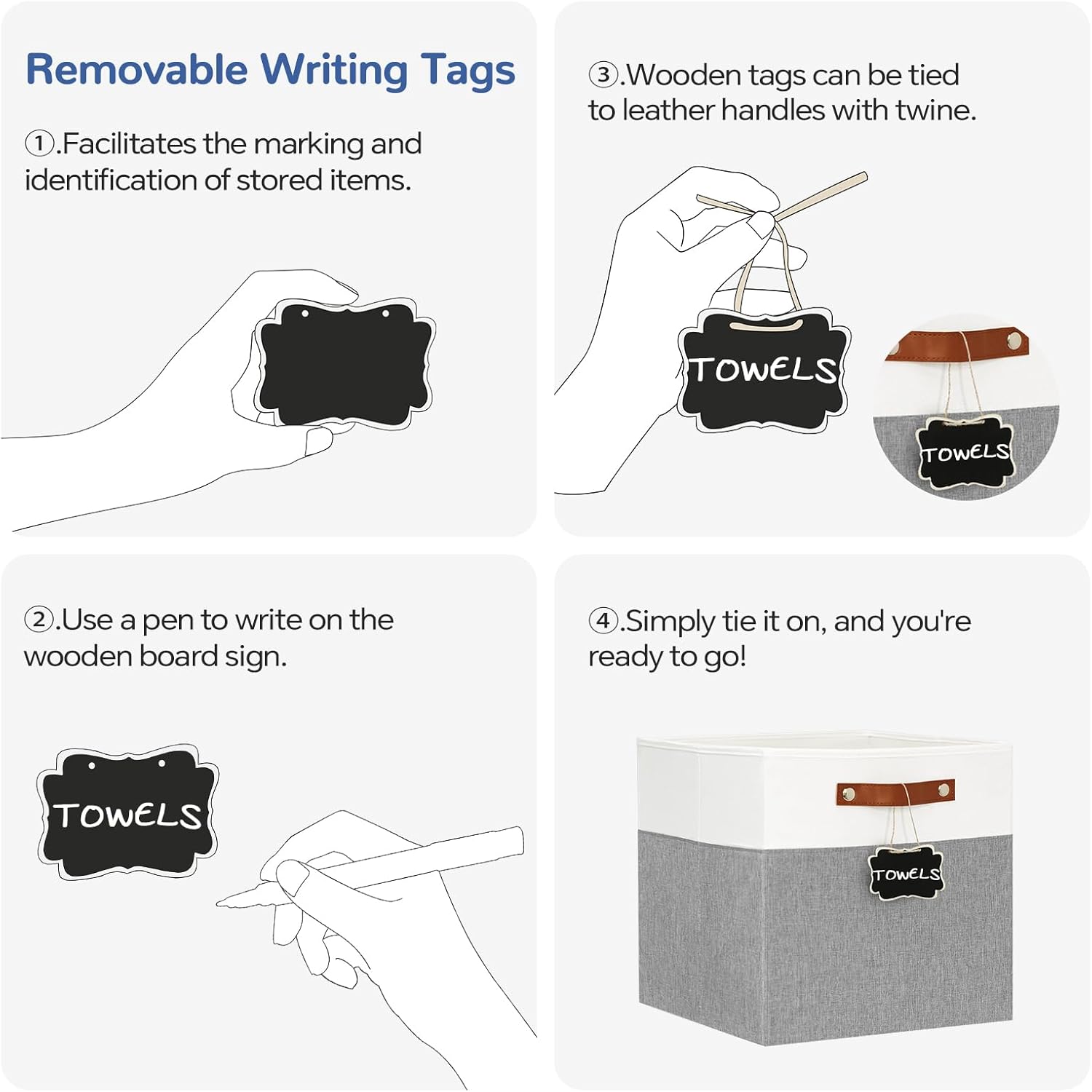 13x13 Storage Cubes 6-Pack, Large Foldable Fabric Cube Storage Bin with Reinforced Bottom and Labels, Organizer Baskets for Shelves, Closets(White/Gray)