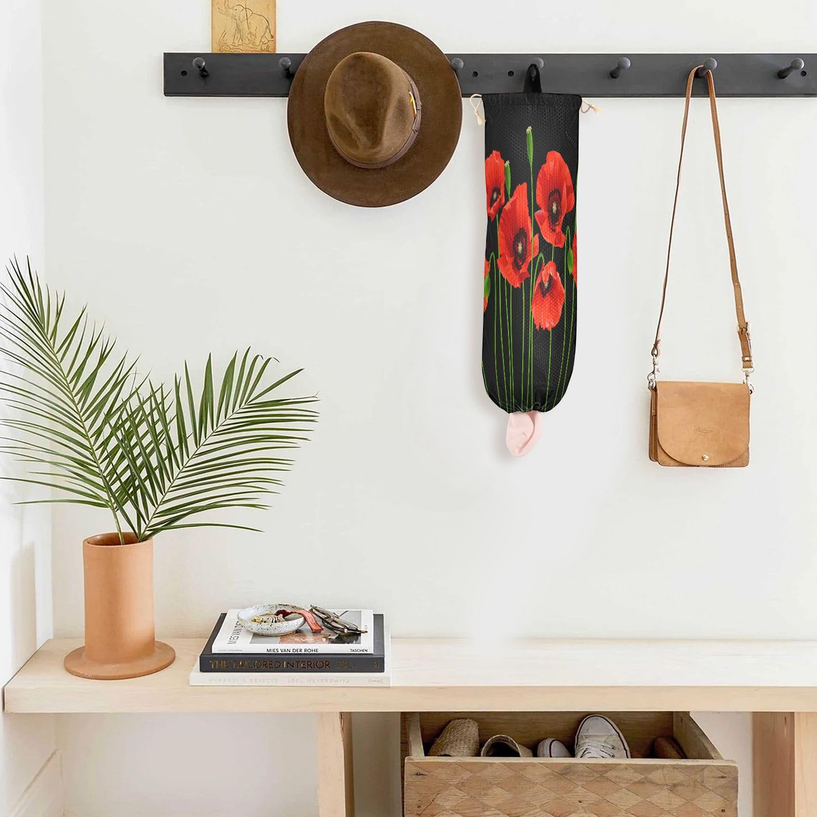 Porta sacchetti di plastica da appendere con bellissimi fiori di papavero per la spesa, organizer da cucina con papaveri rossi, sacchetti di plastica per la spazzatura e la spesa, per la decorazione