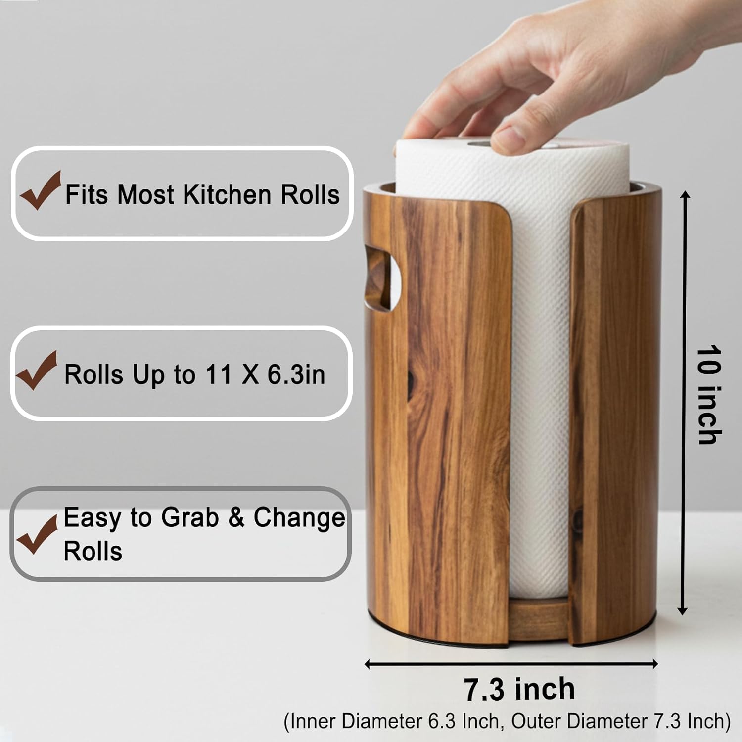 Wood Paper Towel Holder for Kitchen Countertop, Acacia Wooden Kitchen Towel Holder with Splash Guard, Handles & Weighted Non-Slip Base, Home Decor Essentials, for Kitchen, Bathroom,Apartment, RV