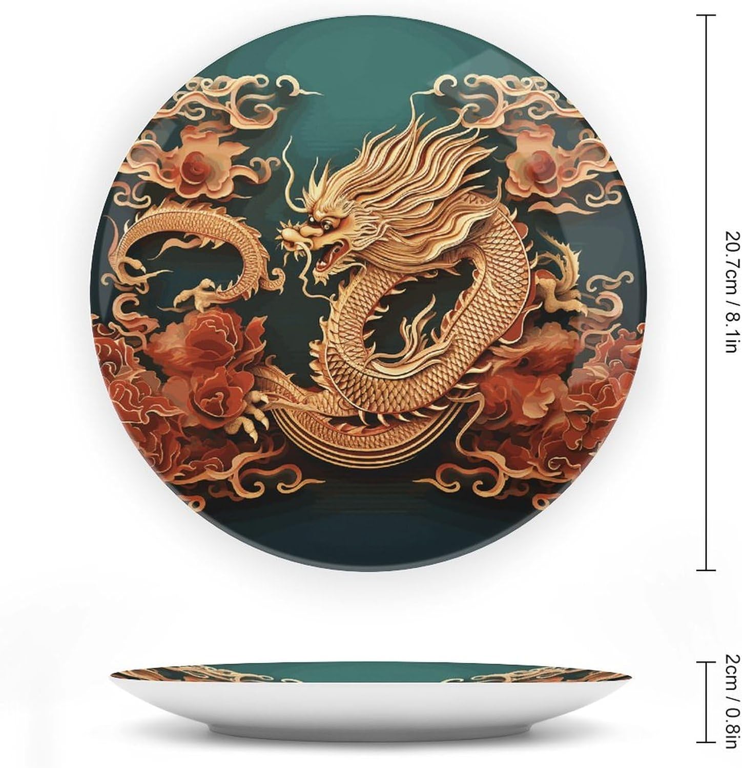 Dragon Chinese Background Bone China Decorative Plate with Display Stand, Ceramic Ornaments Plate for Wall Hanging, Personalized Porcelain Plates for Office, Living Room 8inch