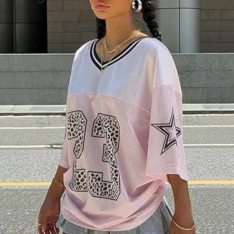 Women's Y2k Oversized Jersey Shirts Cute V Neck Number Graphic Basketball T-Shirt Summer Going Out Varsity Top Aesthetic Clothes