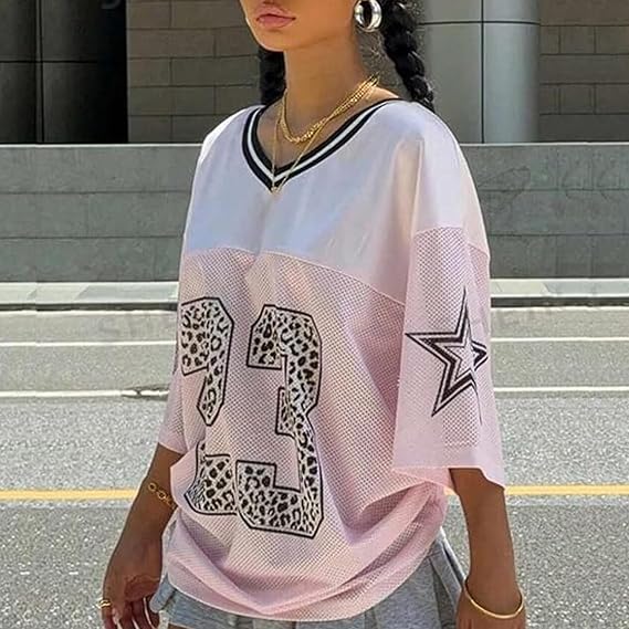 Women's Y2k Oversized Jersey Shirts Cute V Neck Number Graphic Basketball T-Shirt Summer Going Out Varsity Top Aesthetic Clothes