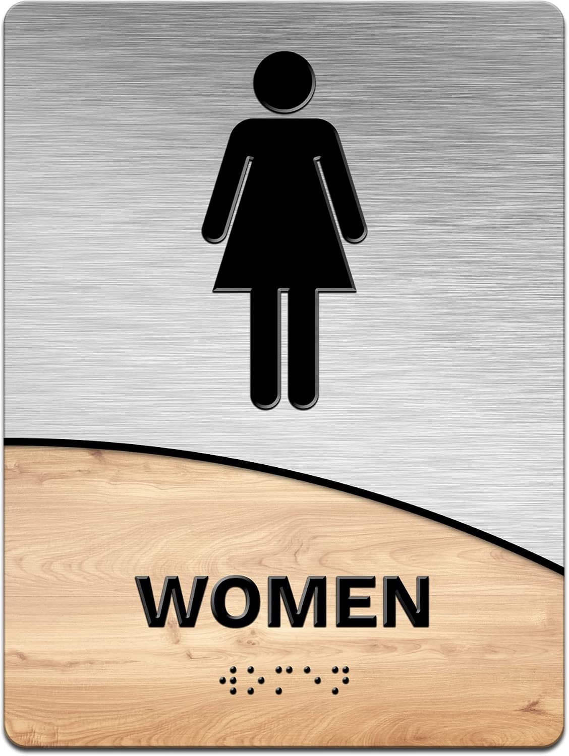 Modern Office Business Restroom Sign - Women - 6"x8" Brushed Steel + Wood Look - ADA Compliant