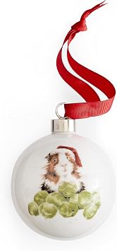 Royal Worcester Sprouts Christmas Bauble by Wrendale Designs - 2.6 Inch Fine Bone China Holiday Decoration, Christmas Tree Ornament With Festive Guinea Pig and Red Ribbon