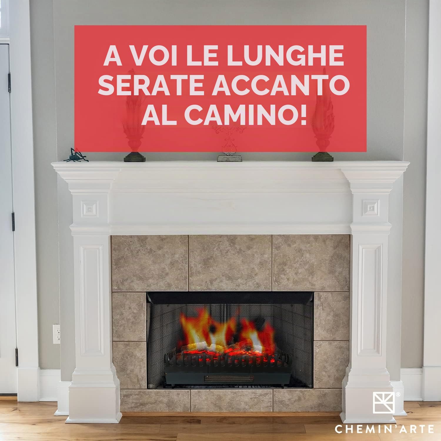 CHEMIN'ARTE Camino elettrico con Effetto Fiamma XL - LED - Legno Sintetico - 67 x 23 x 24 cm - Fuoco Elettrico - Riscalmento 2000W