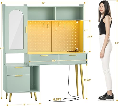 Miniatura 7 de armocity Tocador de maquillaje de 48 pulgadas con gabinete, moderno tocador de dormitorio con estación de carga y LED, mesa de tocador alta con