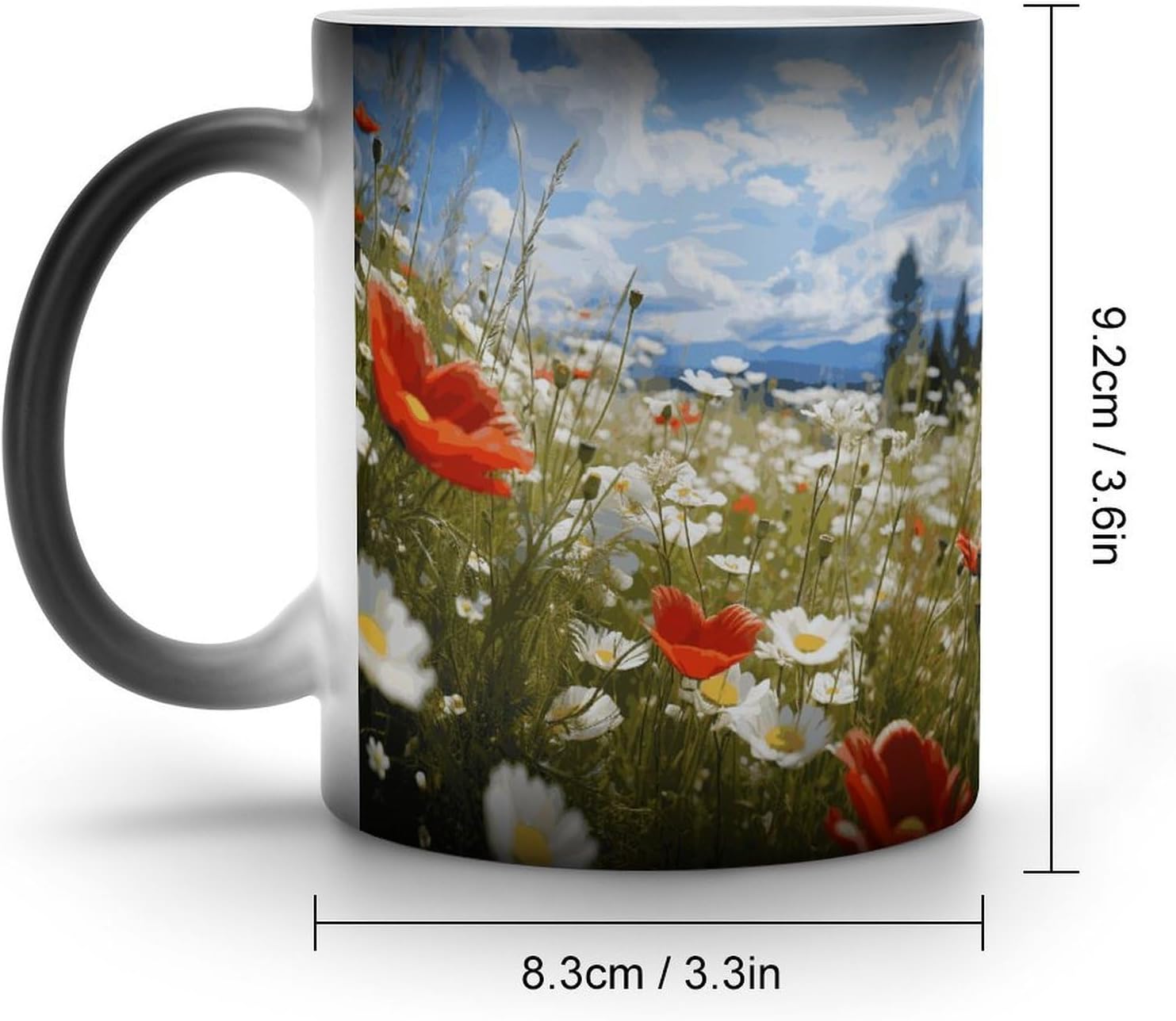 Meadow And Daisy Flowers Mug Personalized Ceramic Discoloration Coffee Mug Heat Sensitive Color Changing Cup Print Large Handle Design Daily Office And Home Use 12 OZ/350 ML image 2