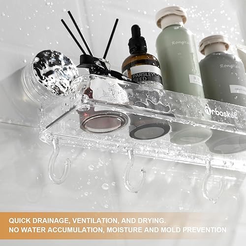 Miniatura 6 de Cesta de ducha con ventosa, organizador de ducha de succión montado en la pared, cesta transparente sin taladrar con 4 ganchos móviles, estante de