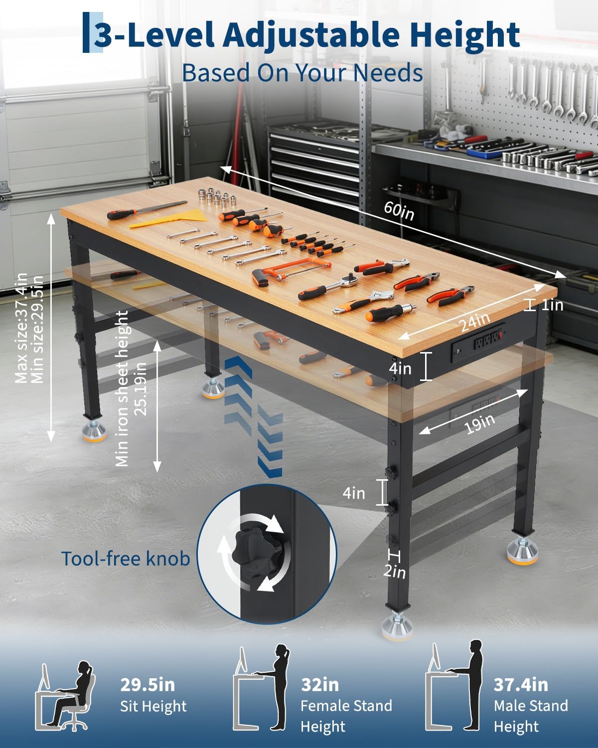 60" Work Bench, 60" x 24" Adjustable Height Workbench, Garage Workbench, Tool Bench with Power Outlet, 2500 LB Heavy-Duty for Workshop & Home