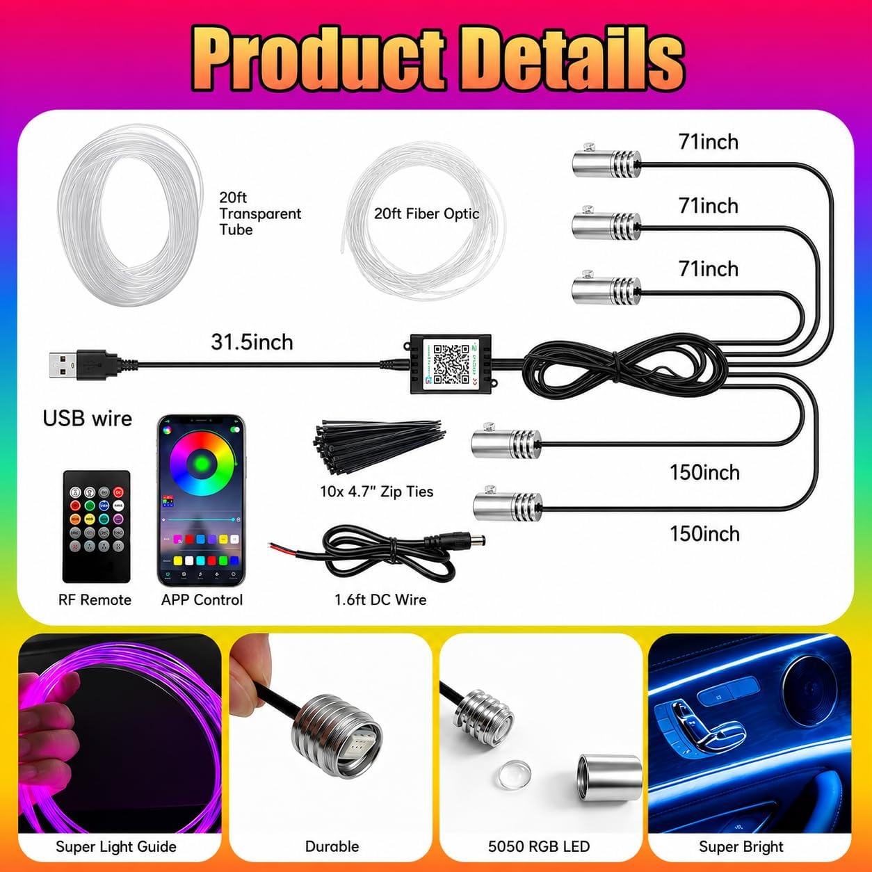 Interior Car LED Strip Lights, 5 in 1 RGB Ambient Lighting with 236 Inches Fiber Optic, Wireless APP Control Music Mode Inside Car Lighting Decorations for Cars, Trucks, Vans, SUVs