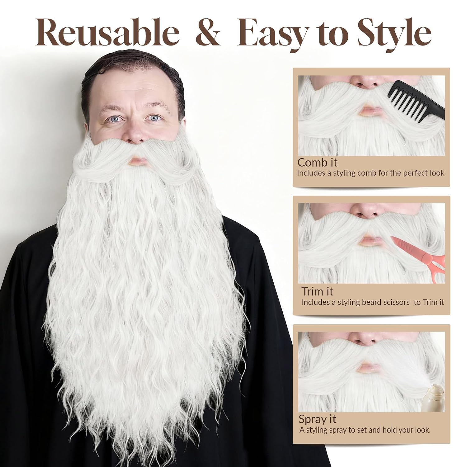 Fake Beard for Men Long Curly Full Wizard Beard with Handlebar Mustache Cosplay Costume Facial Hair Accessory Kit Includes Comb & Scissors (White)