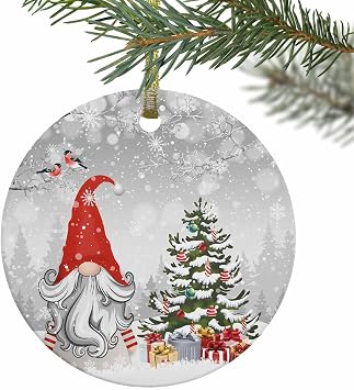 1 PC Christmas Hanging Ornaments Christmas Tree Dwarfs Forest on Grey Round Ceramic Ornament for Christmas Tree, Xmas Snowflakes Xmas for 2024 Home Decoration
