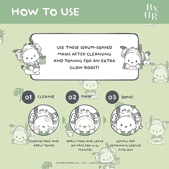 ByUR Green Wonder Sanrio Character Daily Aqua Serum Mask (30 Sheets) Hydrating Moisturizing Face Pore Treatment K-Beauty Skincare Centella & Tea Tree for Sensitive & Dry Skin - Pochacco K-Spa