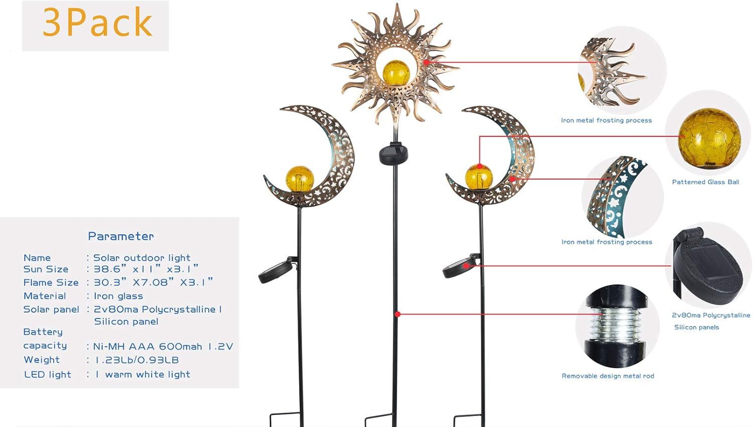 Wееklу Tор Sаlе Extra Plus (3 Pack) Upgraded 2021 Solar Sun & Moon Lights ,Decorative Nice Crackle Globe for Front Courtyard Walkway,Solar Powered,Waterproof,Iron,Easy to Carry,Contain 1 Solar Sun & 2 Moon Lights