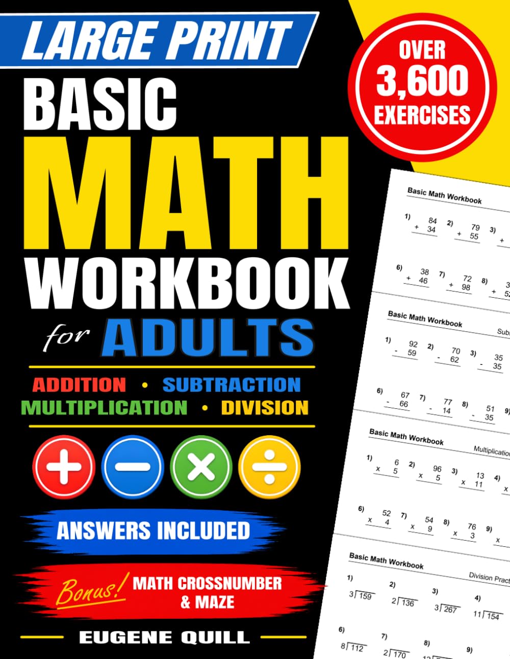 Large Print Basic Math Workbook for Adults: 3,600 Addition, Subtraction, Multiplication & Division Problems with Answers