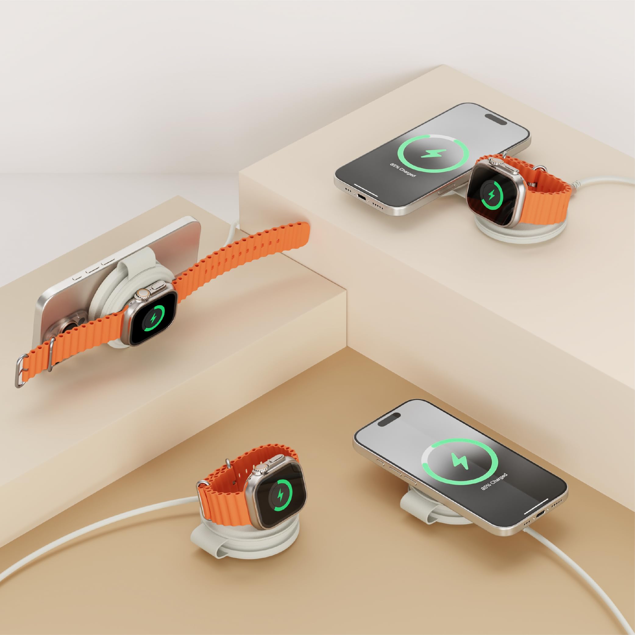 SATECHI OntheGo™ Caricatore Wireless Pieghevole 2 in 1, Stazione di Ricarica Rapida Qi2 15W per Serie iPhone 17 16 15 a 12, 5W per Apple Watch e AirPods, Caricatore a Induzione da Viaggio – Beige | 5W per Apple Watch, supporto magnetico da viaggio, compat