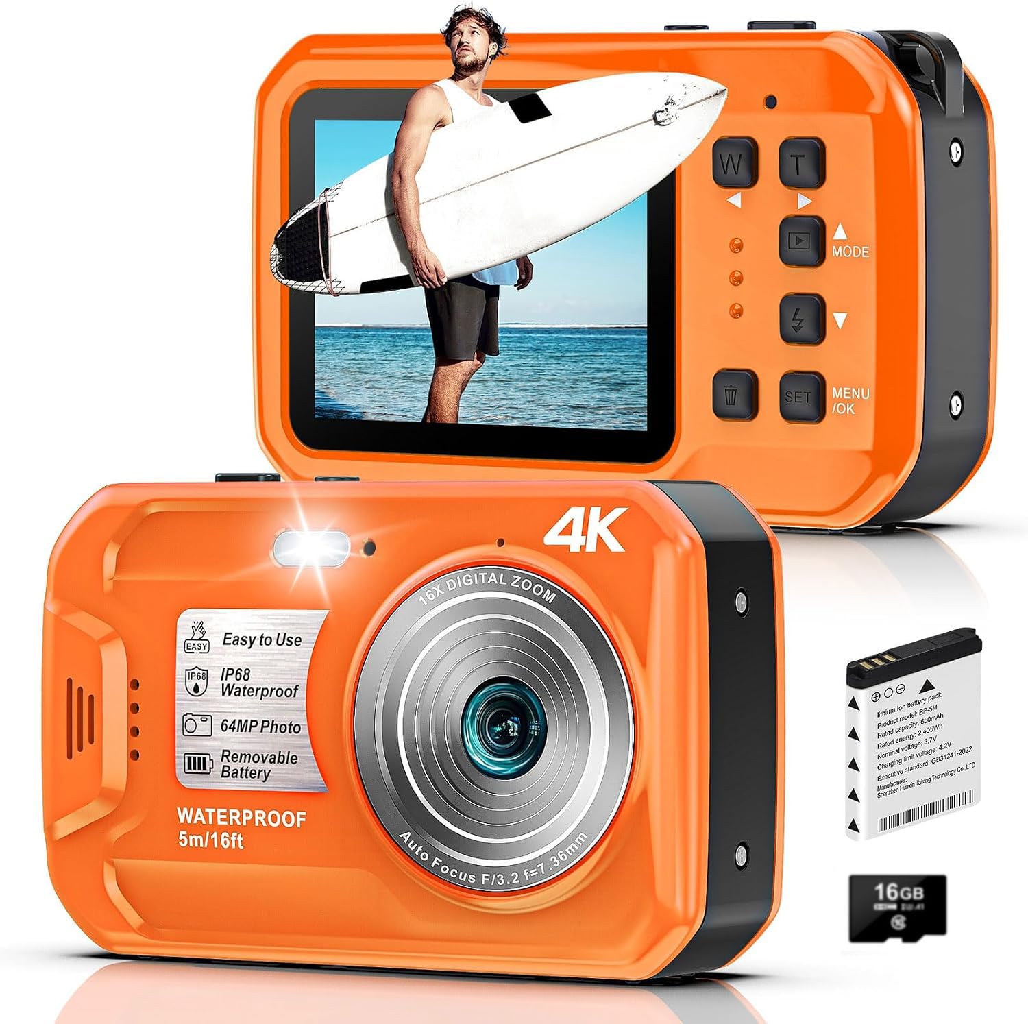 4K Underwater Camera, 64MP 16FT Waterproof Camera w/16GB Card, Orange